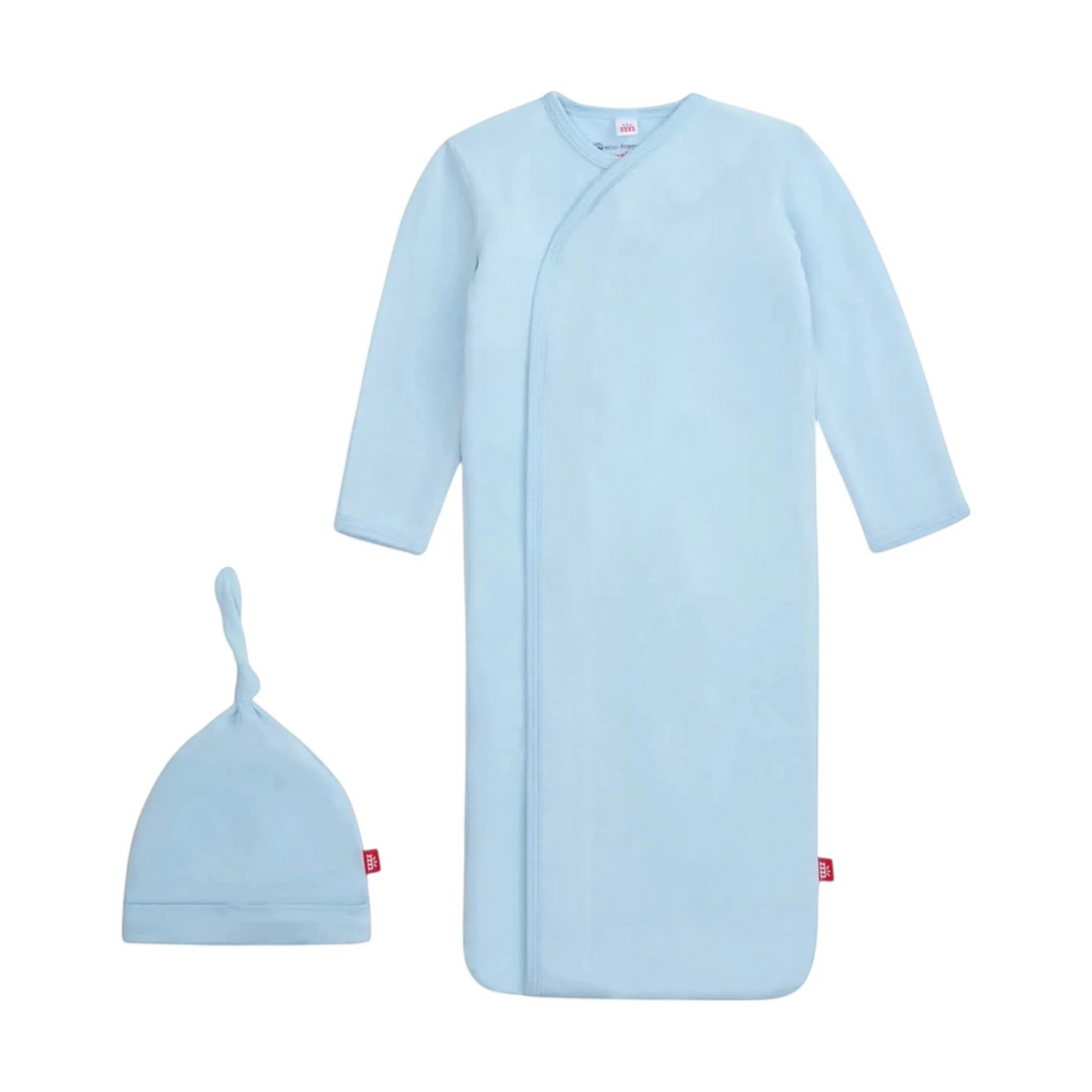That Store baby blue modal magnetic newborn gown and matching knotted hat set with built-in mitten cuffs