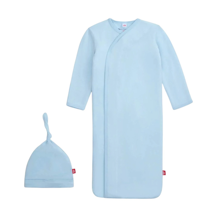 That Store baby blue modal magnetic newborn gown and matching knotted hat set with built-in mitten cuffs