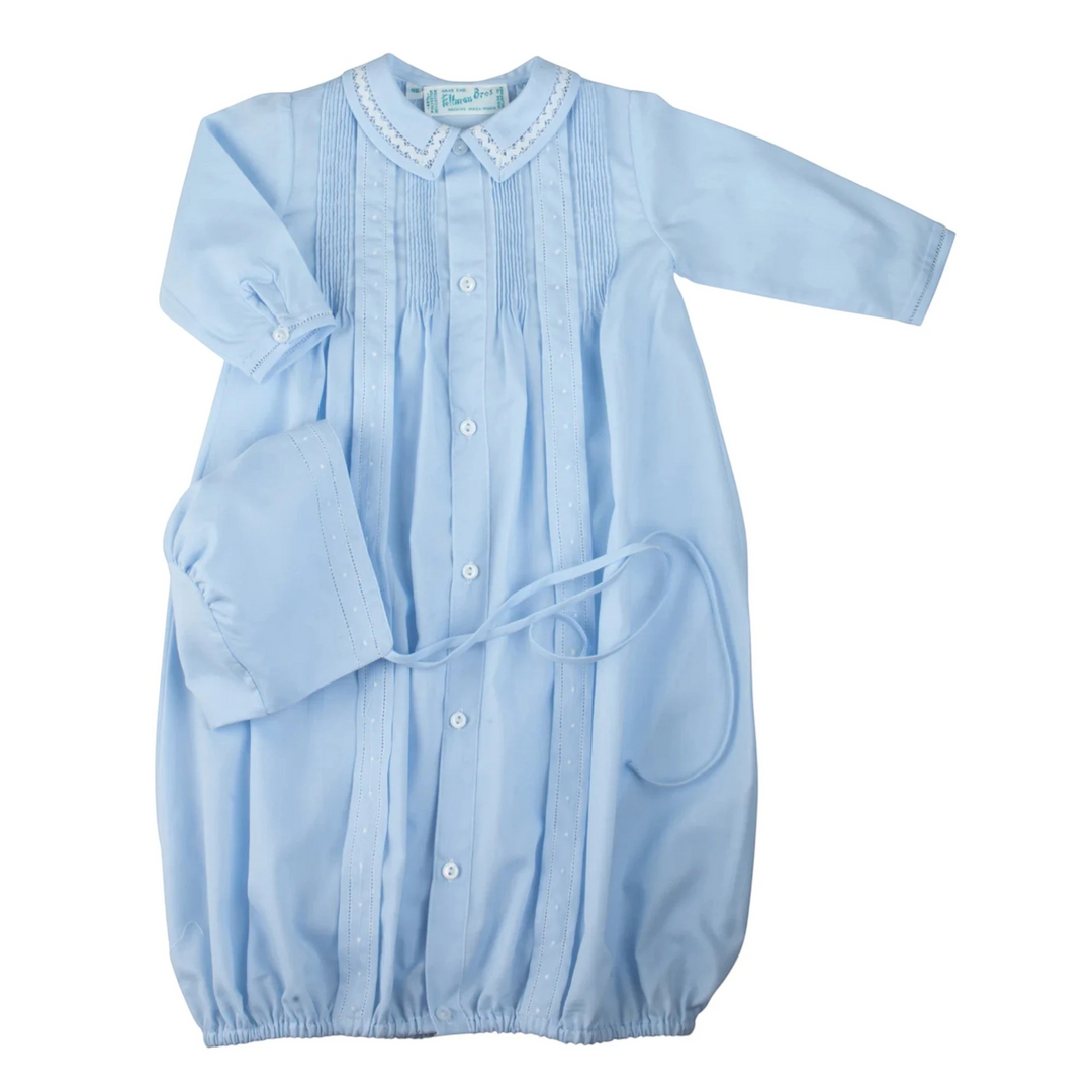 That Store baby boy blue take me home gown and matching hat with pintuck bodice, ric rac trim, and lace detailing.