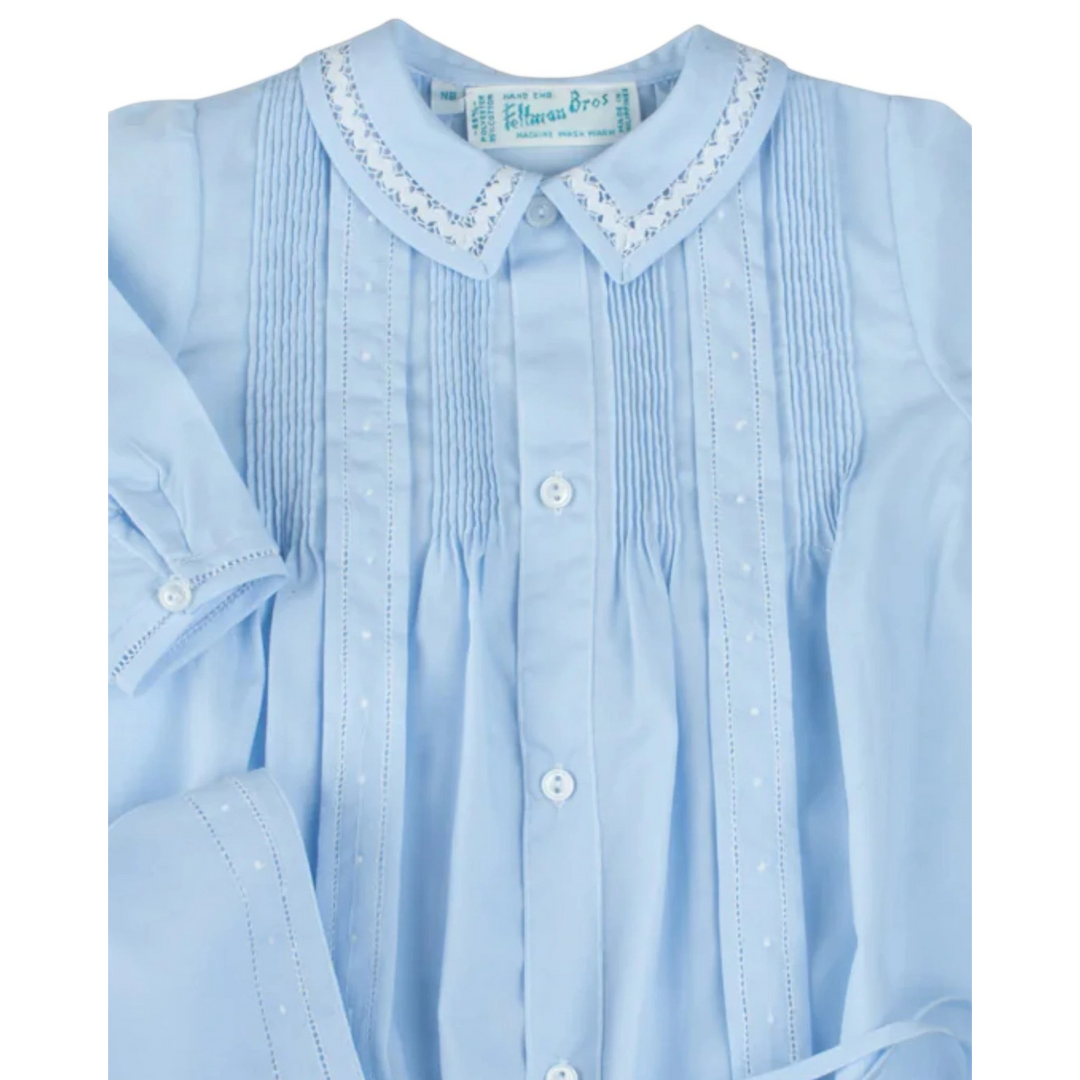 That Store baby boy blue take me home gown with pintuck bodice, lace trim, and hand embroidered dot details.