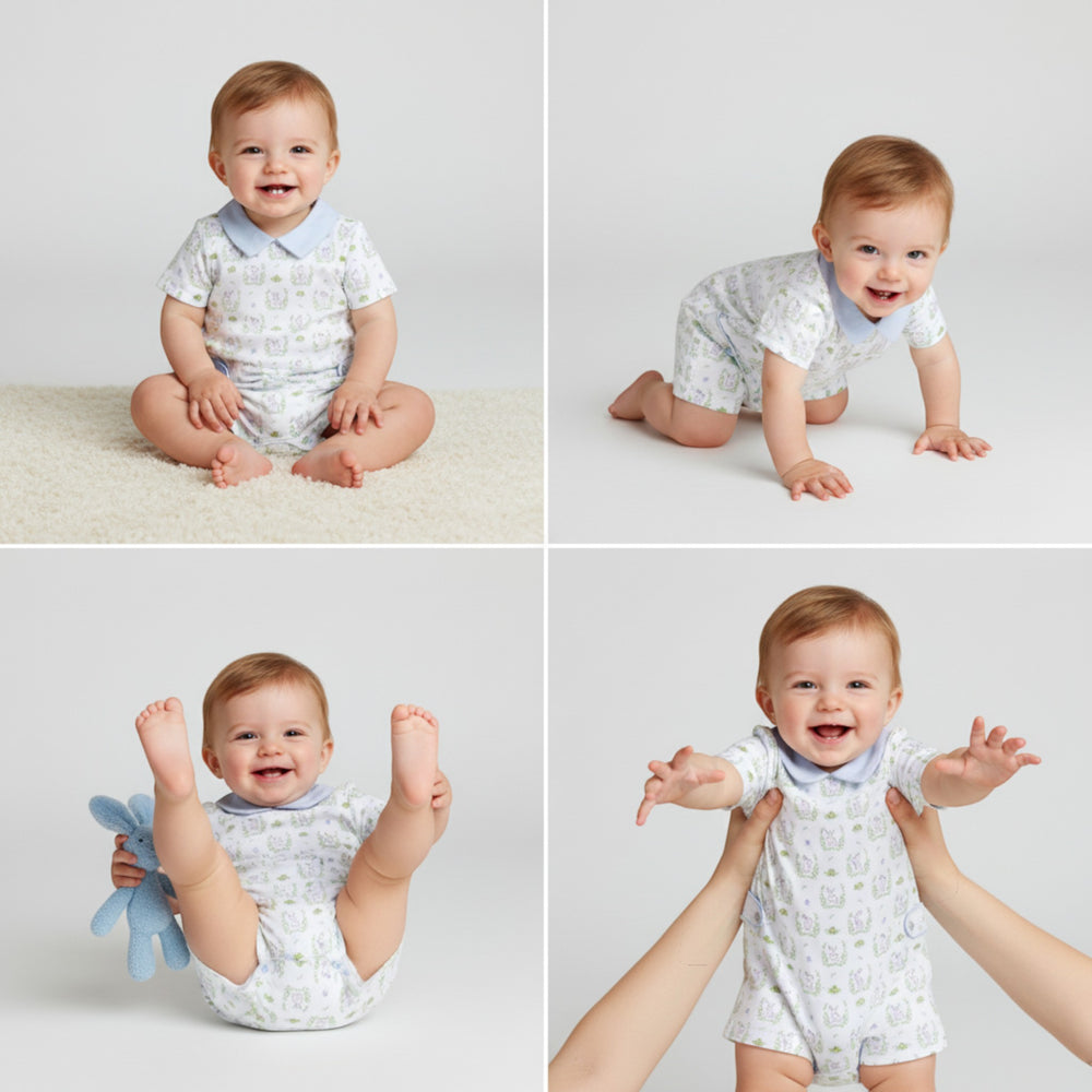 That Store baby boy romper in white Pima cotton with blue bunny and egg print and a soft blue peter pan collar