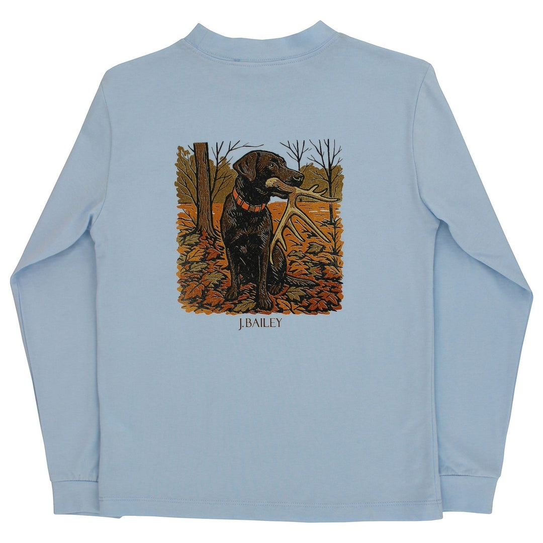 That Store bayberry blue long sleeve cotton tee for boys featuring a graphic of a hunting dog carrying antlers