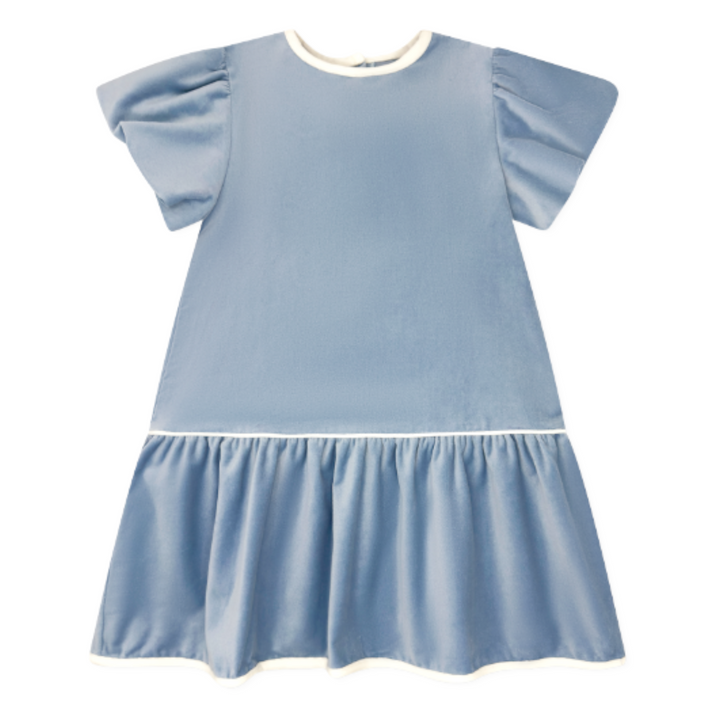 That Store Beaufort blue velvet girls dress with winter white trim and drop waist for holiday portraits