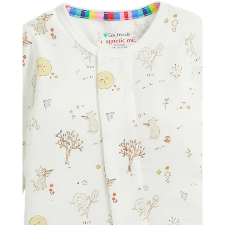 That Store Bedtime Rhymes modal baby footie with magnetic closures and a whimsical moon and cat print