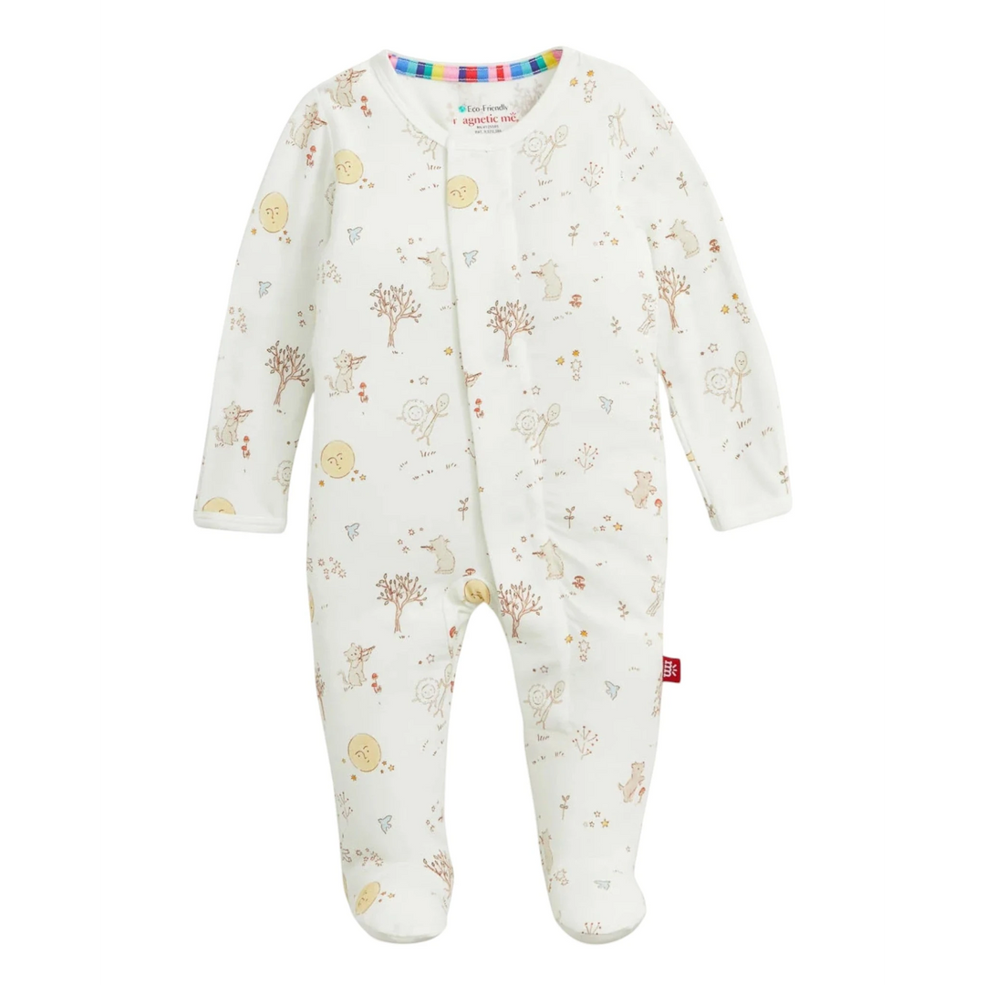 That Store Bedtime Rhymes modal magnetic baby footie with cute moon and animal print and ruffle detailing