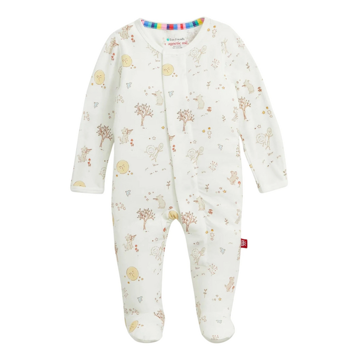 That Store Bedtime Rhymes modal magnetic baby footie with cute moon and animal print and ruffle detailing