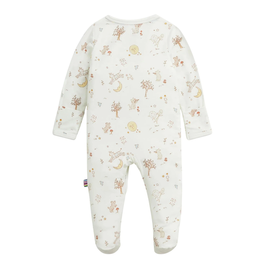 That Store Bedtime Rhymes modal baby footie with magnetic closures and whimsical woodland print on white fabric