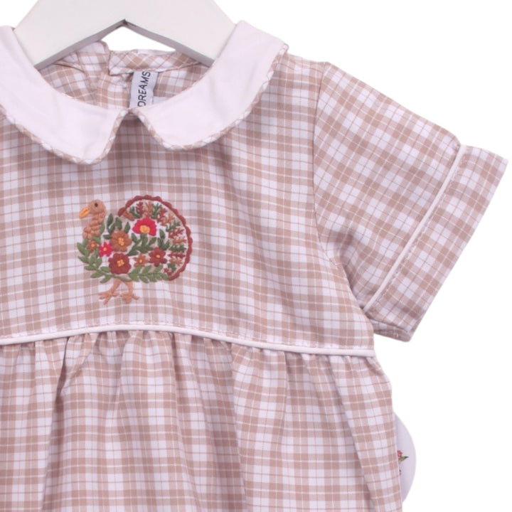 That Store beige plaid baby bubble with white Peter Pan collar and festive turkey embroidery for Thanksgiving