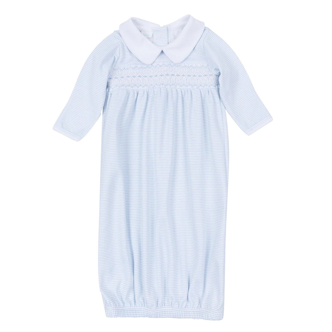 That Store Benjamin smocked gown in light blue and white striped Pima cotton with a Peter Pan collar.