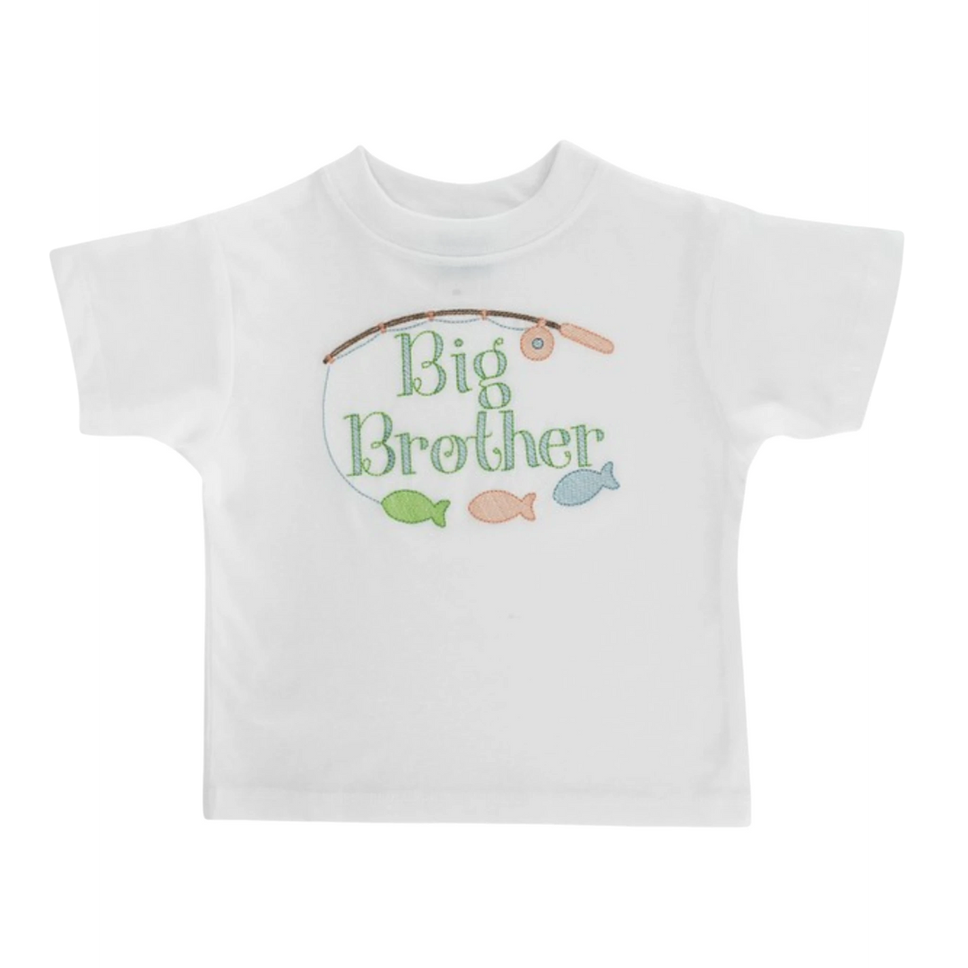 That Store white cotton boys t-shirt with Big Brother fishing themed embroidery and colorful fish details.