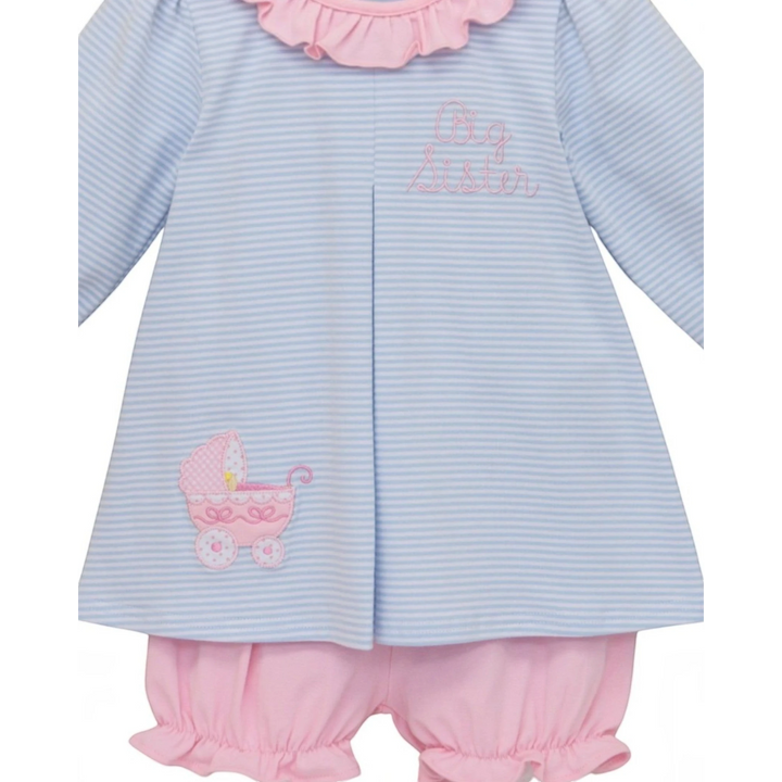 That Store Big Sister bloomer set featuring a blue striped tunic with pink ruffles and a baby carriage applique.