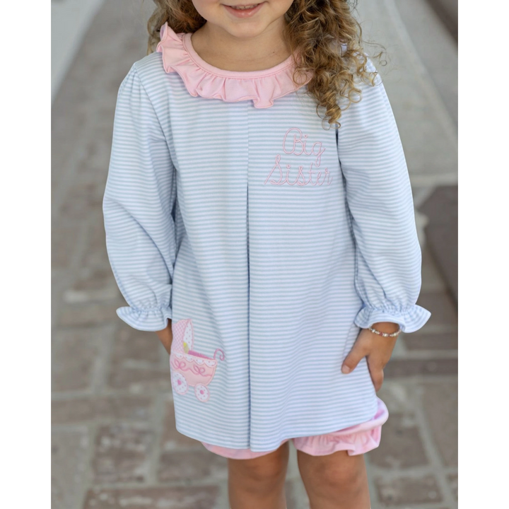 That Store Big Sister blue stripe bloomer set with pink ruffles and embroidered baby carriage detail on a young girl