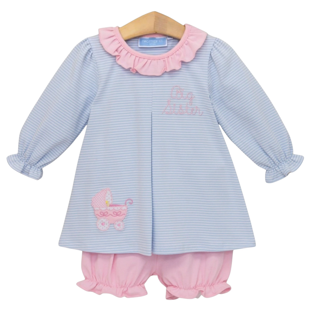 That Store Big Sister bloomer set in blue stripe cotton with pink ruffles and baby carriage embroidery