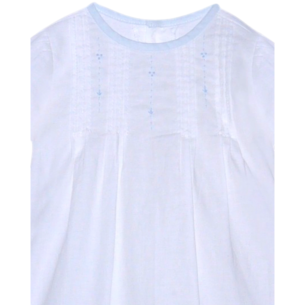 That Store Blaine boys daygown in crisp white with delicate blue embroidery and trim, perfect for special occasions.