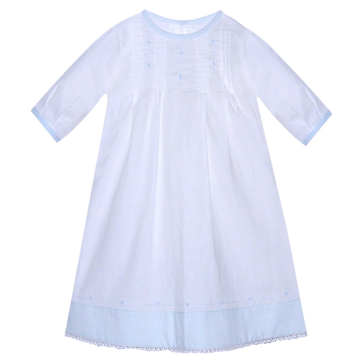 That Store Blaine boys daygown in white with blue trim, featuring delicate embroidery and a classic round neckline.