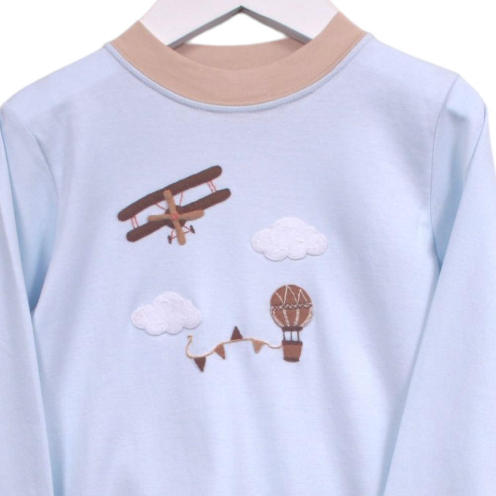 That Store boys blue Pima cotton long sleeve top with airplane and hot air balloon applique embroidery