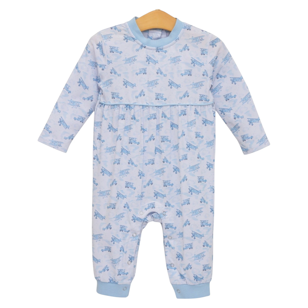 That Store blue airplane print cotton romper with long sleeves and snap closures for baby boys
