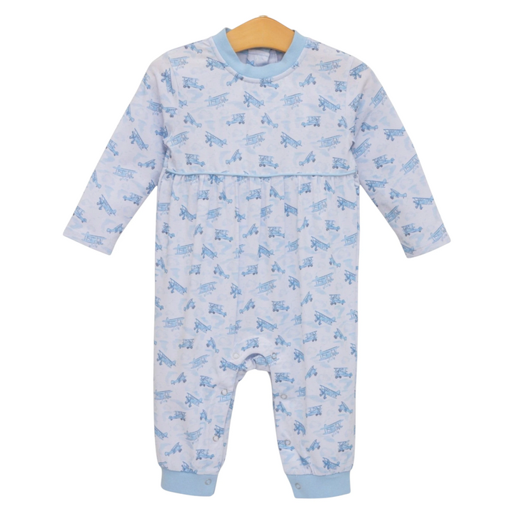That Store blue airplane print cotton romper with long sleeves and snap closures for baby boys