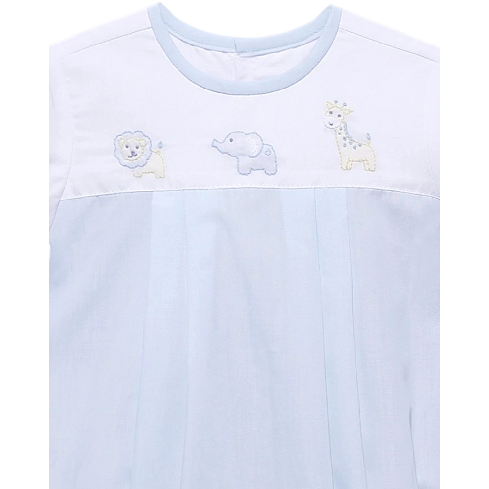 That Store blue baby bubble featuring shadow-stitched lion, elephant, and giraffe embroidery on a cotton blend fabric