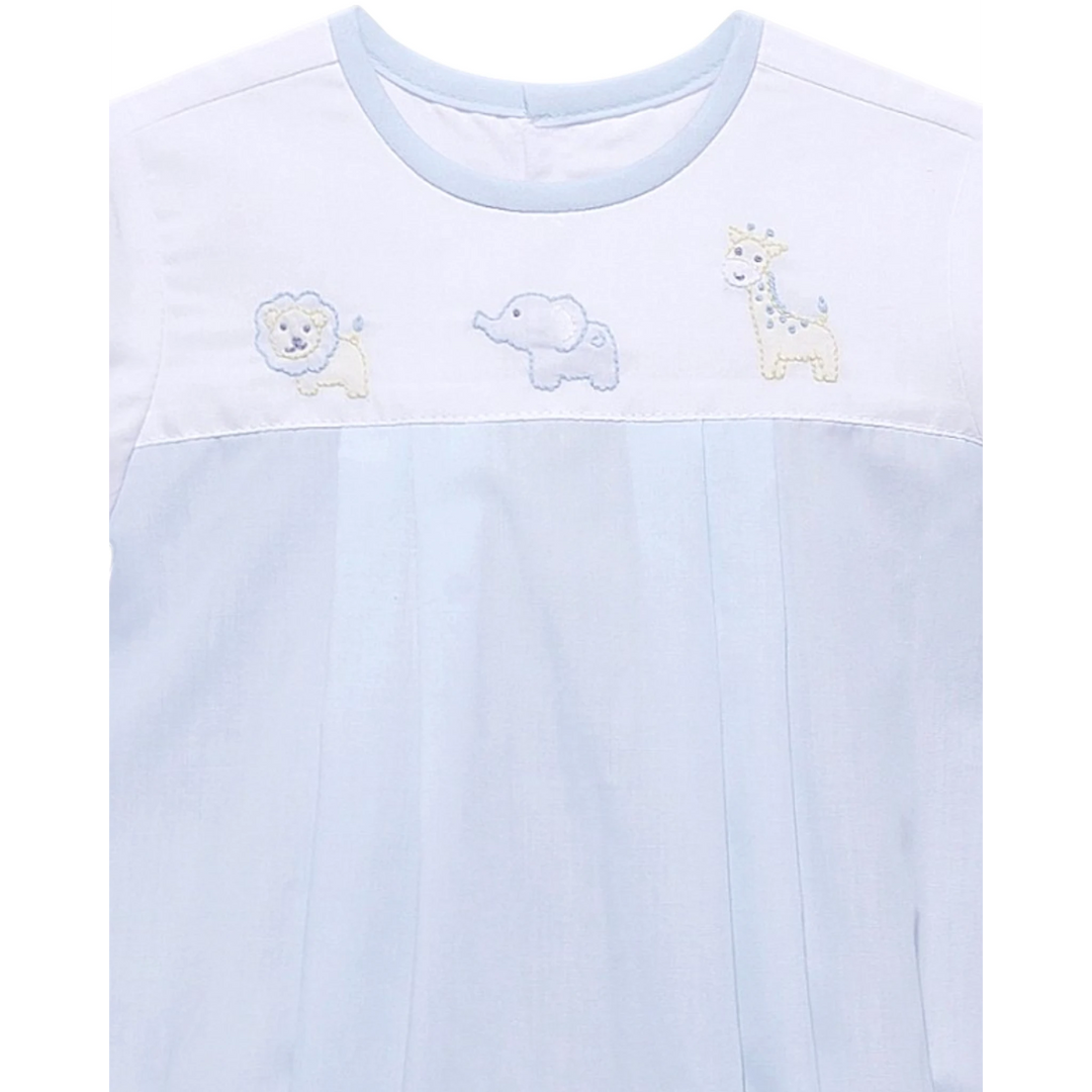 That Store blue baby bubble featuring shadow-stitched lion, elephant, and giraffe embroidery on a cotton blend fabric