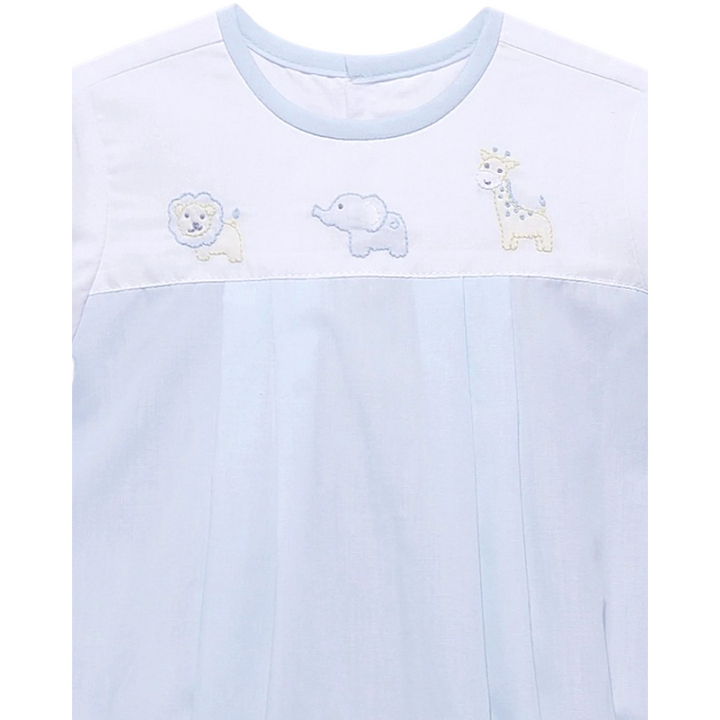 That Store blue baby bubble featuring shadow-stitched lion, elephant, and giraffe embroidery on a cotton blend fabric