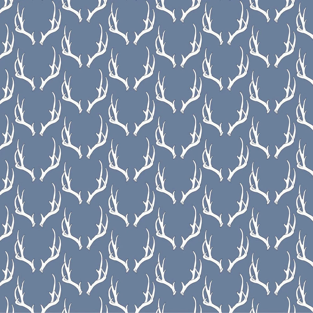 That Store boys' pajama set fabric featuring a rustic white antler pattern on a blue background.