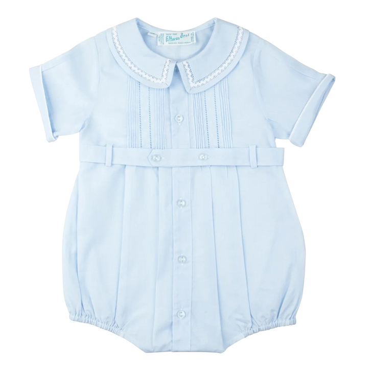 That Store blue baby boy creeper with ric-rac collar, pintucks, and button-down front in a vintage heirloom style.