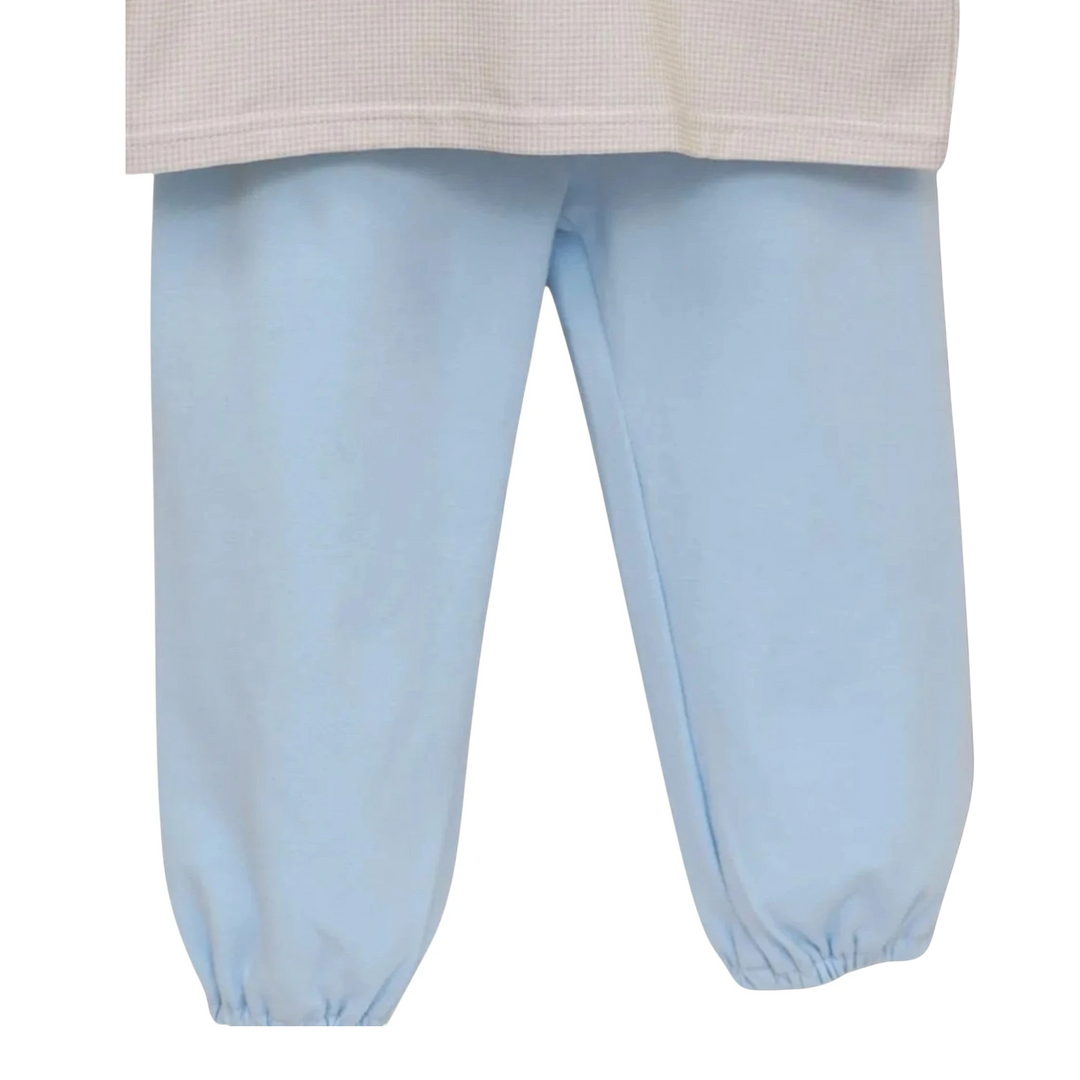 That Store boys two-piece set with light blue cotton bloomer pants and a brown gingham top