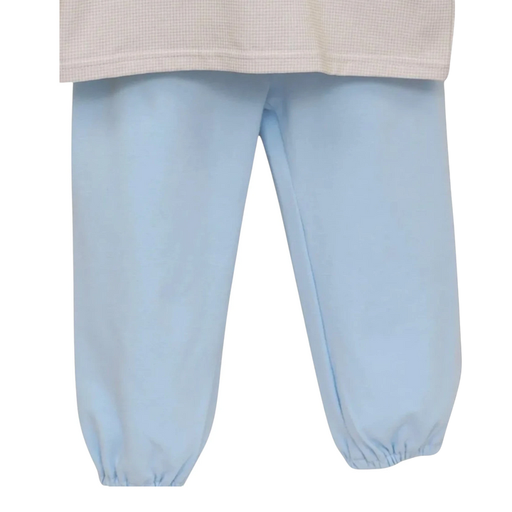 That Store boys two-piece set with light blue cotton bloomer pants and a brown gingham top
