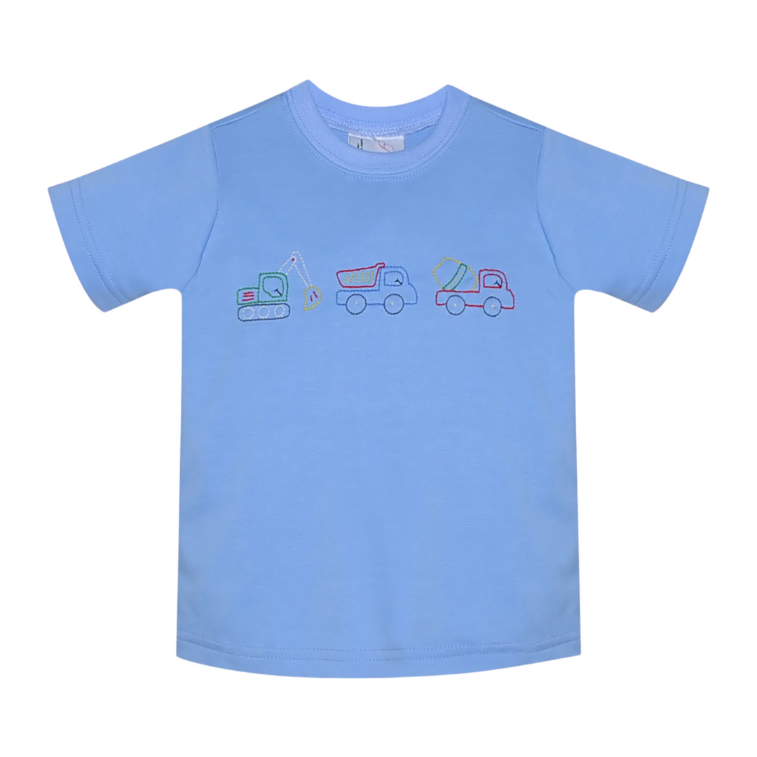 That Store blue boys t-shirt with colourful embroidered construction truck designs on the chest