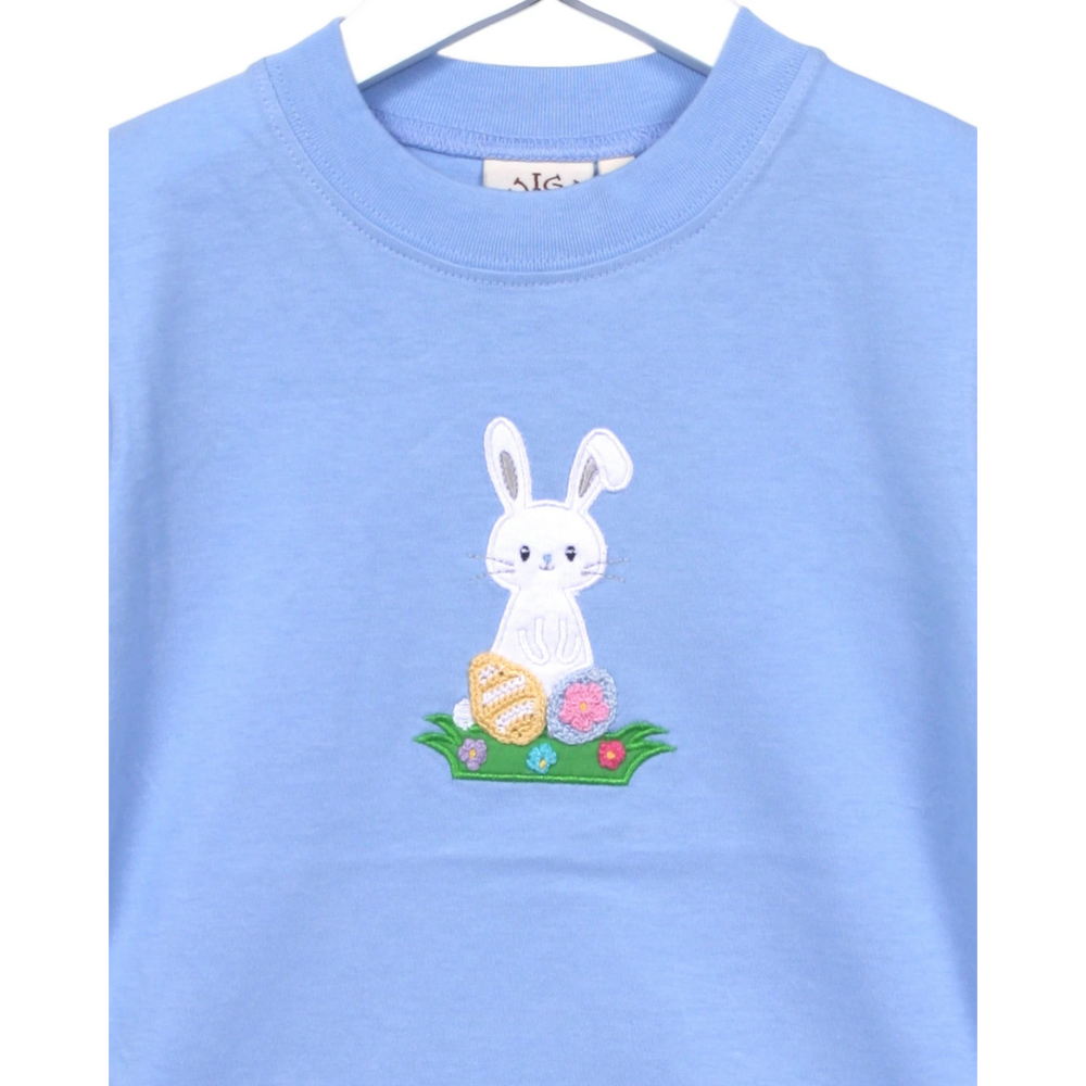 That Store blue cotton t-shirt with an Easter bunny applique and colorful crocheted egg details for children.