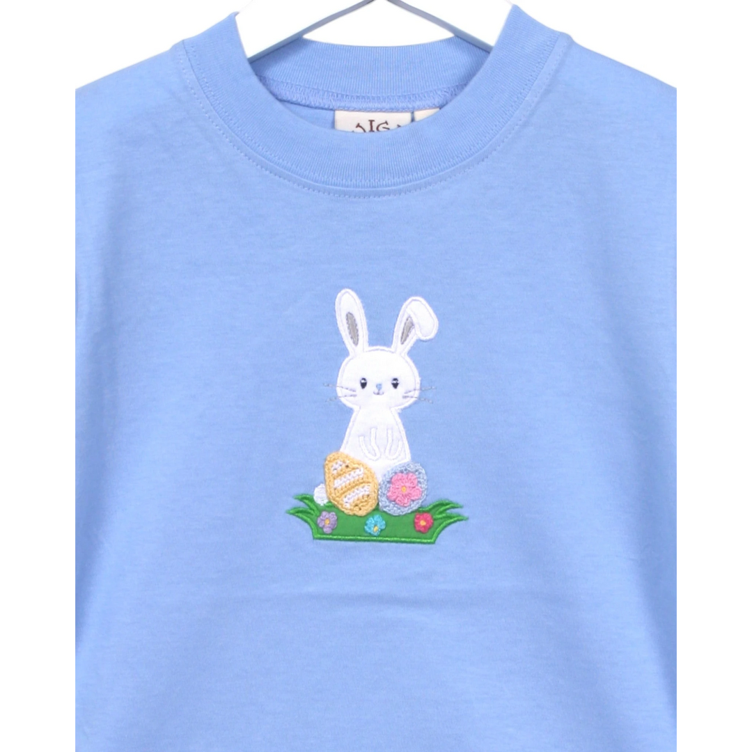 That Store blue cotton t-shirt with an Easter bunny applique and colorful crocheted egg details for children.