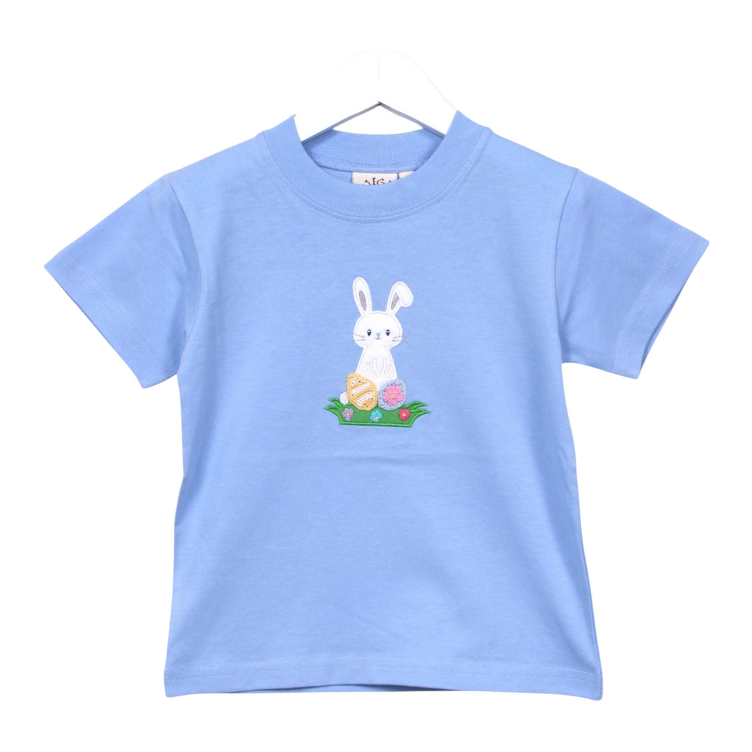 That Store blue cotton t-shirt with a white bunny applique and colorful crocheted Easter eggs for children.