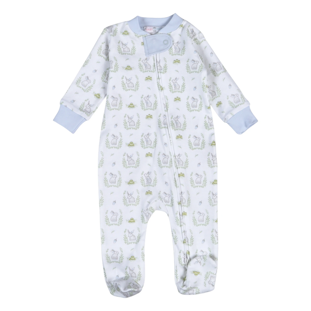 That Store blue Pima cotton footie pajamas for boys with a festive Easter bunny and wreath print and zipper closure.