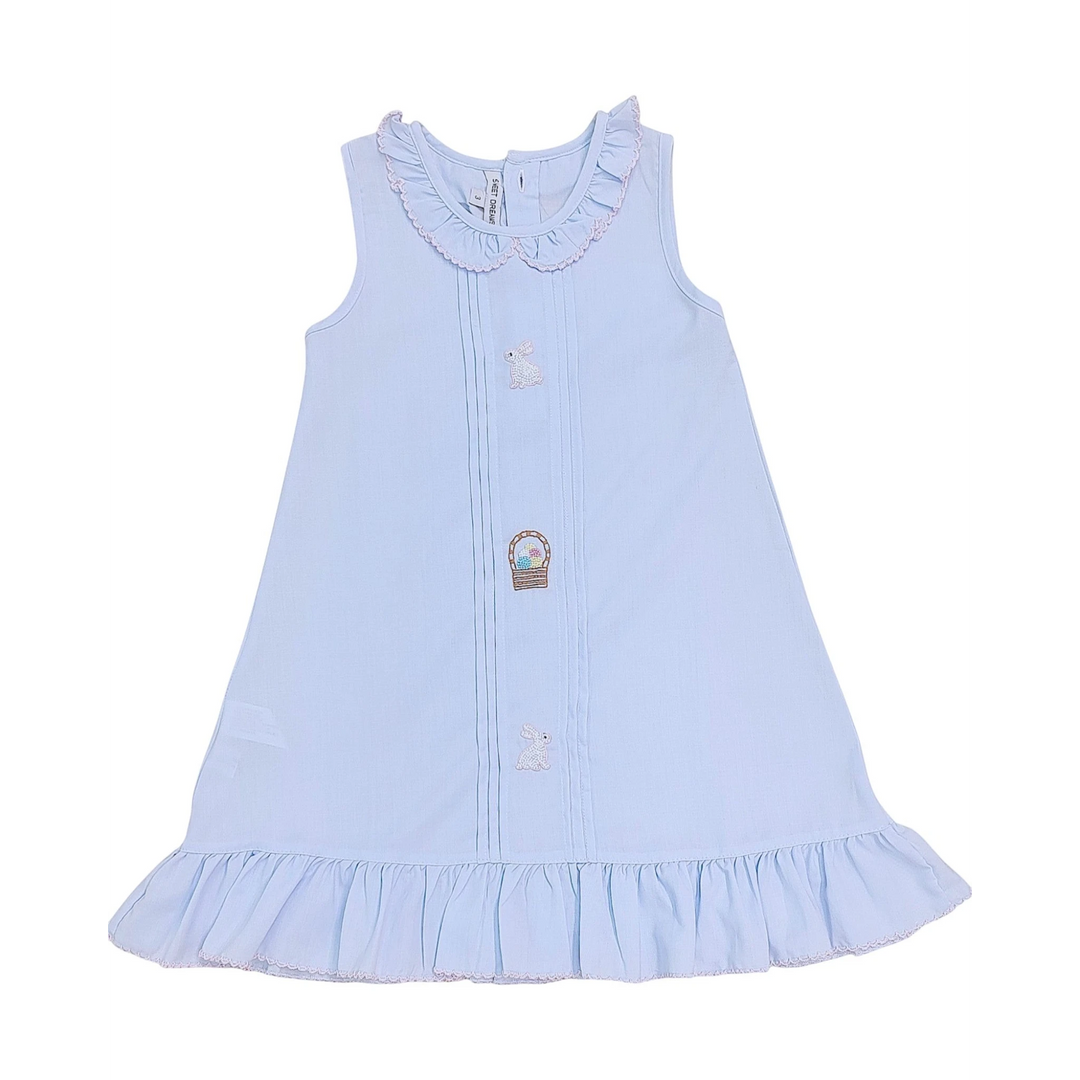 That Store blue ruffled gown featuring delicate bunny and Easter basket embroidery for a cozy bedtime look.