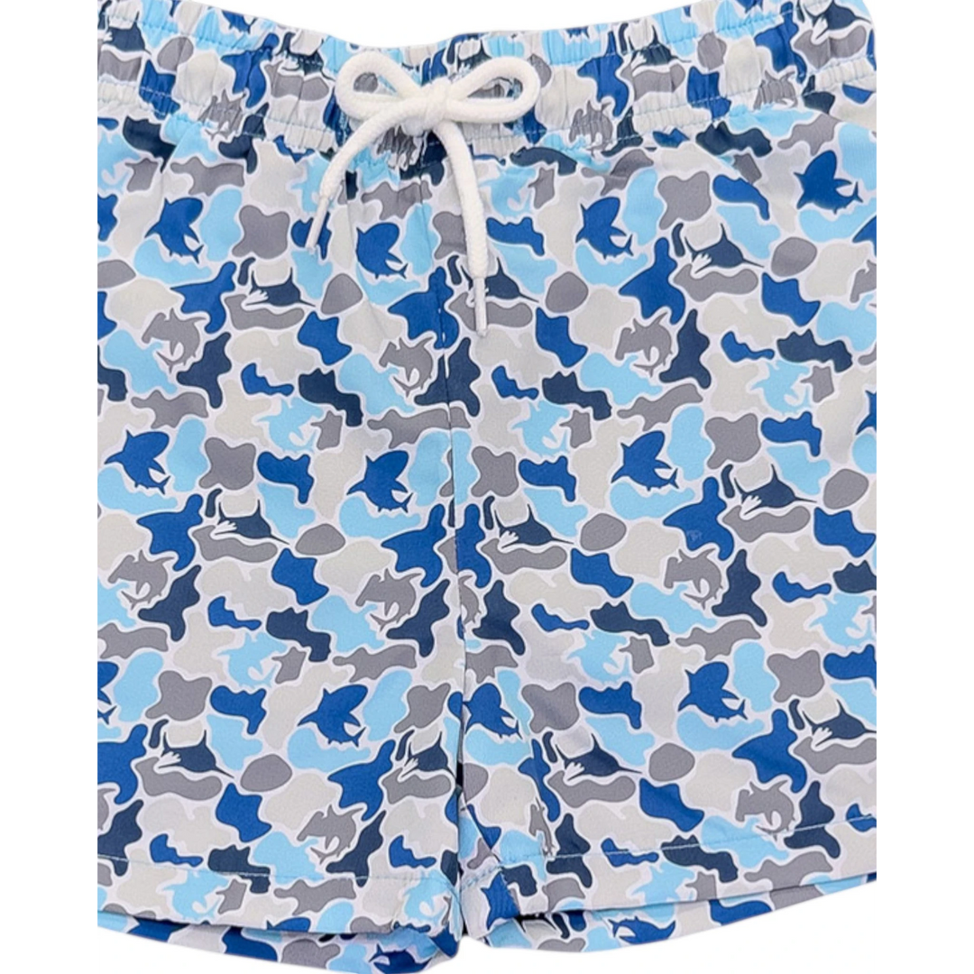 That Store Saint Simons swim trunks for boys in a blue camo pattern with shark silhouettes and white rope tie