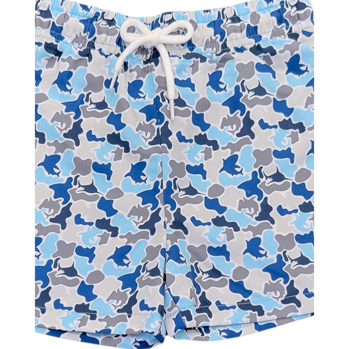 That Store Saint Simons swim trunks for boys in a blue camo pattern with shark silhouettes and white rope tie