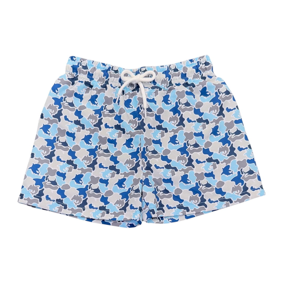 That Store boys swim trunks in blue camo print with an elastic waistband and white rope tie
