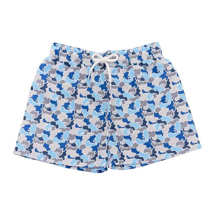 That Store boys swim trunks in blue camo print with an elastic waistband and white rope tie