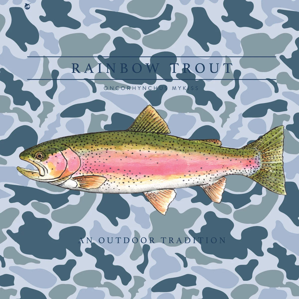 That Store boys' performance hoodie t-shirt in cool blue camo print with a rainbow trout graphic and UPF 50+ fabric.