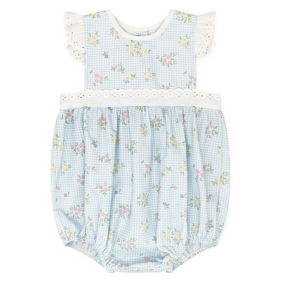 That Store girls blue check floral pinafore bubble with white eyelet lace trim and flutter sleeves