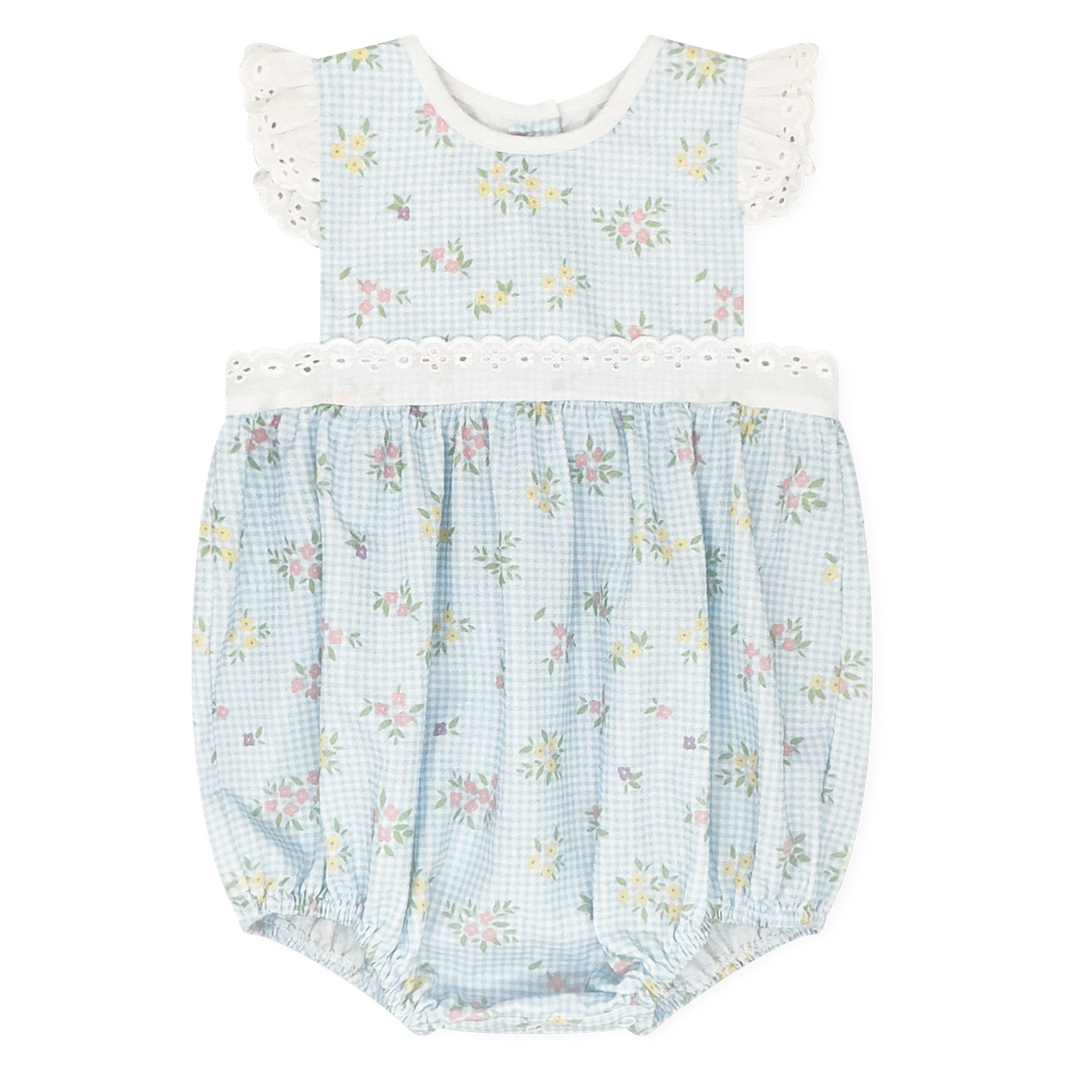That Store girls blue check floral pinafore bubble with white eyelet lace trim and flutter sleeves