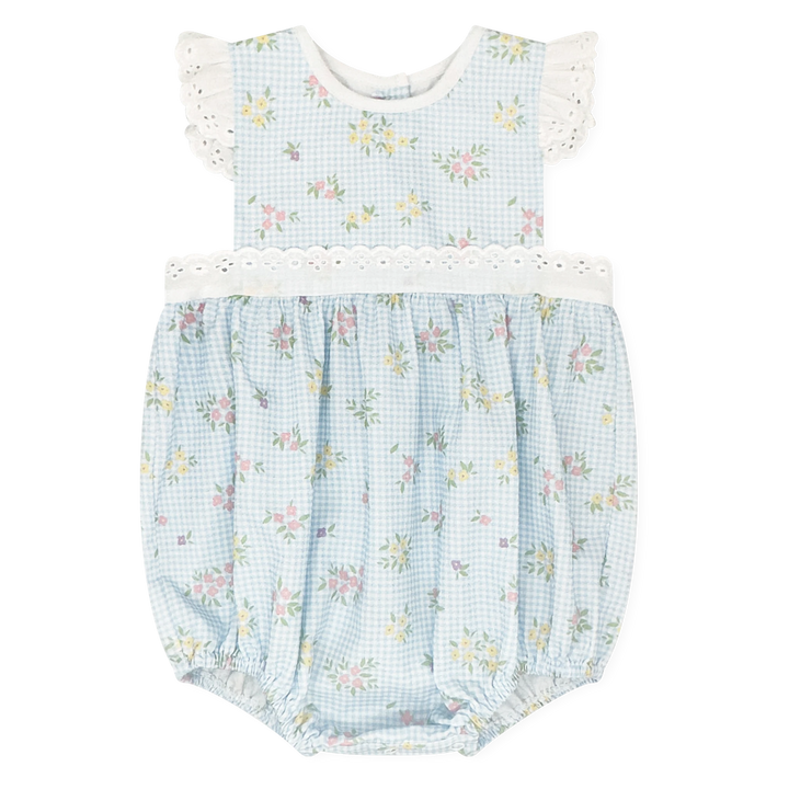 That Store girls blue check floral pinafore bubble with white eyelet lace trim and flutter sleeves
