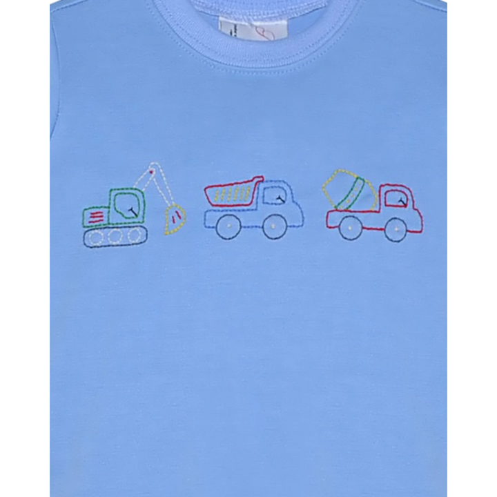 That Store blue boys shirt featuring embroidered construction trucks including an excavator, dump truck, and mixer.