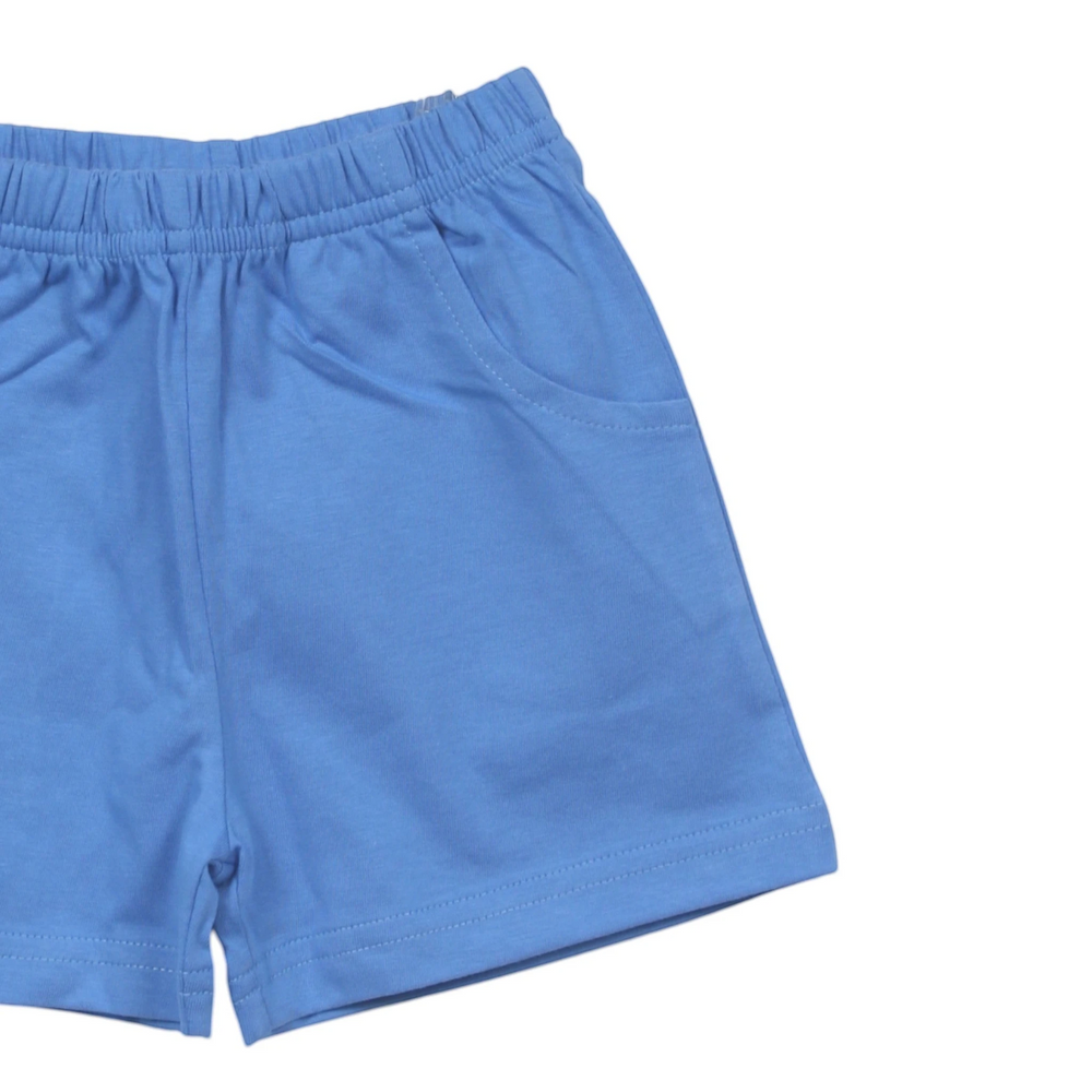 That Store blue cotton jersey shorts for boys featuring an elastic waistband and convenient front pockets.