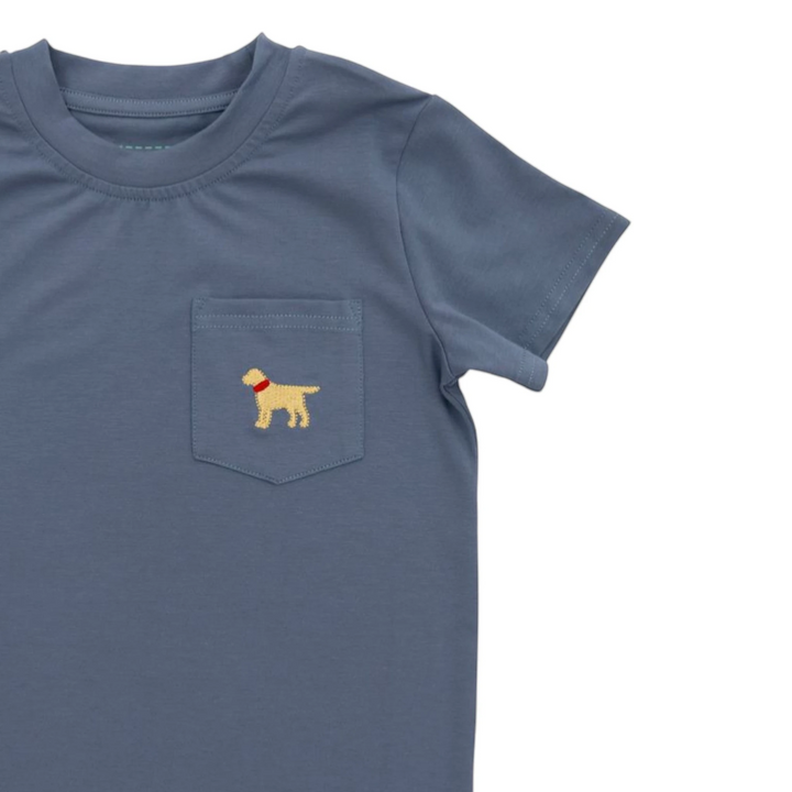 That Store blue cotton-blend t-shirt featuring a small embroidered dog design on the chest pocket.