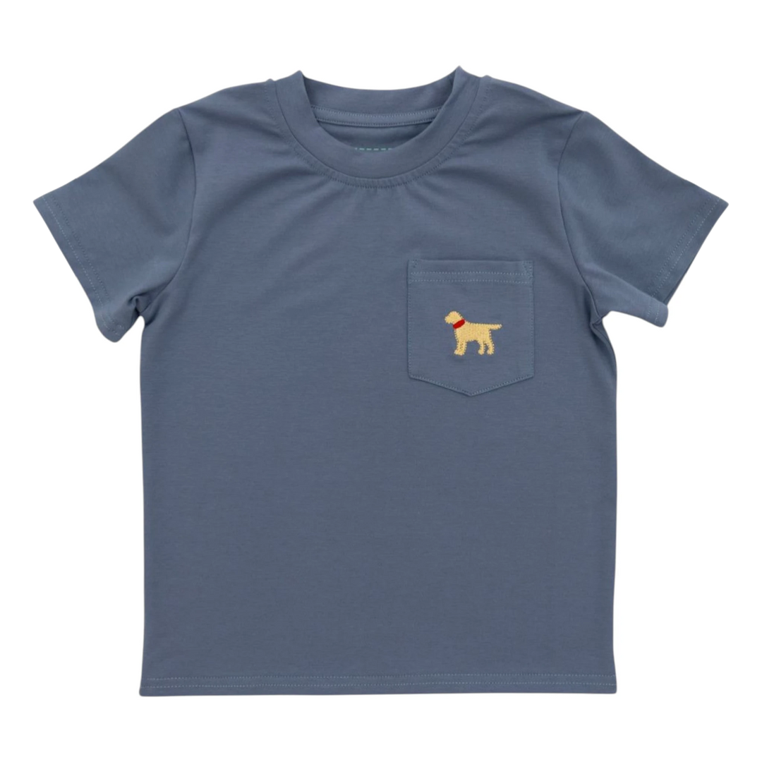 That Store blue cotton-blend t-shirt for boys featuring a small embroidered dog design on the chest pocket.