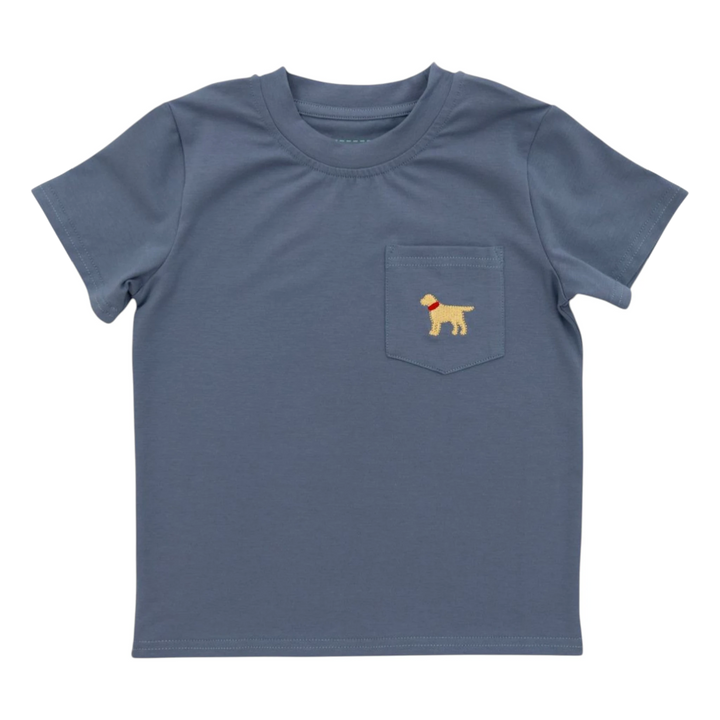 That Store blue cotton-blend t-shirt for boys featuring a small embroidered dog design on the chest pocket.