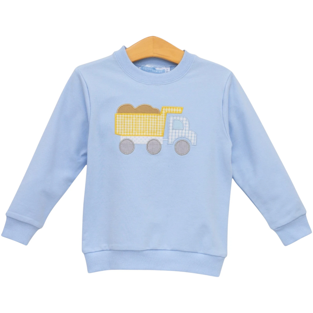 That Store boys light blue French terry pullover featuring a yellow and blue checkered dump truck graphic