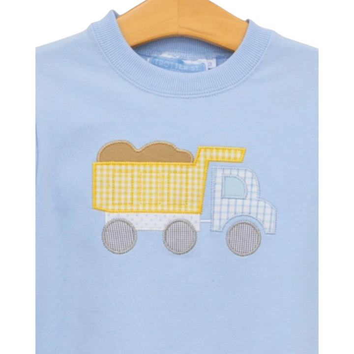 That Store light blue French terry boys pullover featuring a yellow and blue gingham dump truck applique graphic